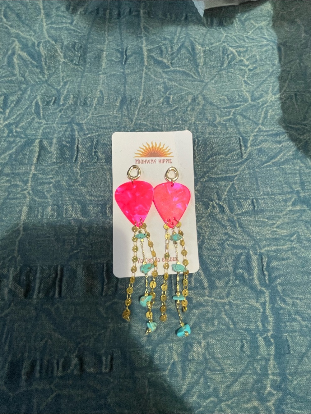 Highway Hippie Pink Guitar Pick Dangle Earrings Turquoise Beads Gold